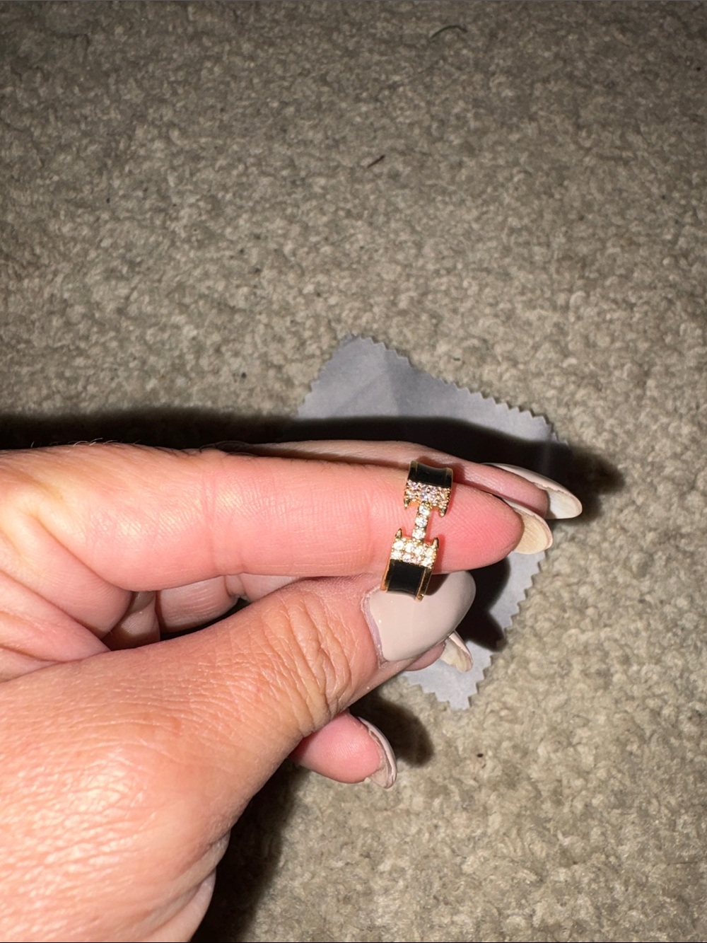 Gold Tone Ring with Black Enamel and Crystal H-Link Accent